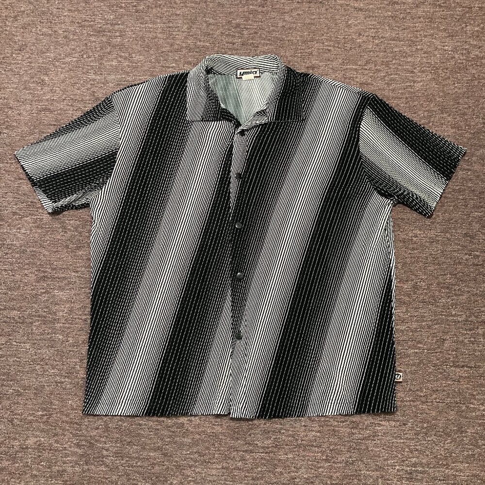 YMLA Shirt Mens Size L White‎ Black Striped Casual Short Sleeve Button Up